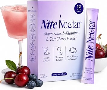 Nite Nectar Magnesium Glycinate Powder Sleep Supplement Drink Mix Packets | Sleepy Mocktail Powder Packets Tart Cherry and L-Theanine, Calm Relaxing Stress, Sugar & Melatonin Free, Made in USA 12 Ct