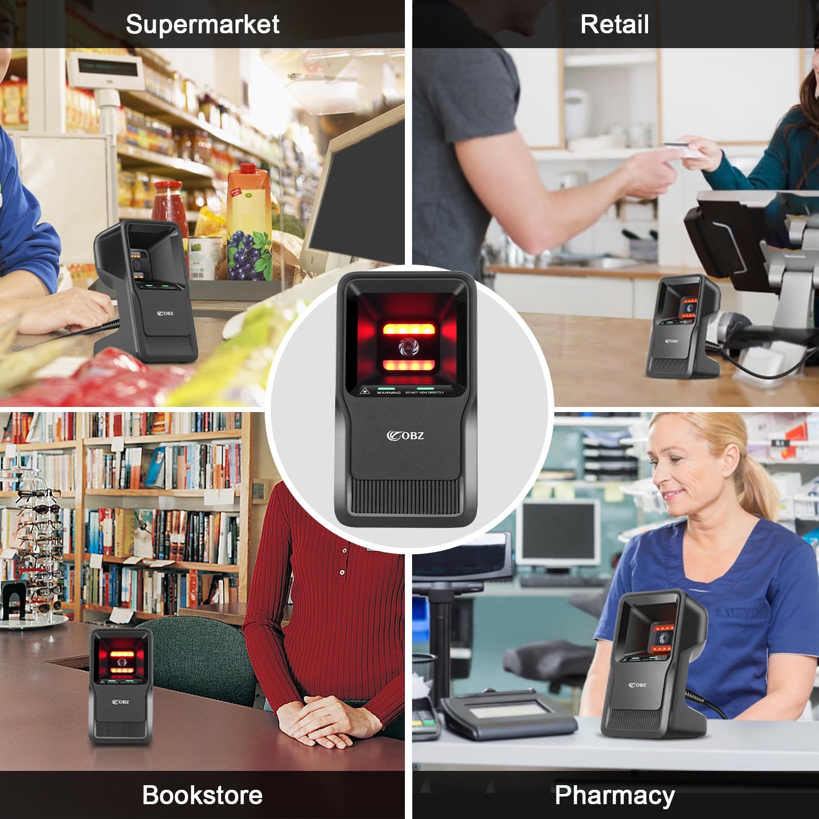 OBZ Escáner de Códigos de Barras de Escritorio Omnidireccional, 1D 2D Lector Códigos Barras y QR con USB Cable, Automático y Manos Libres Sobremesa para POS, Supermercado, Tienda, Almacén