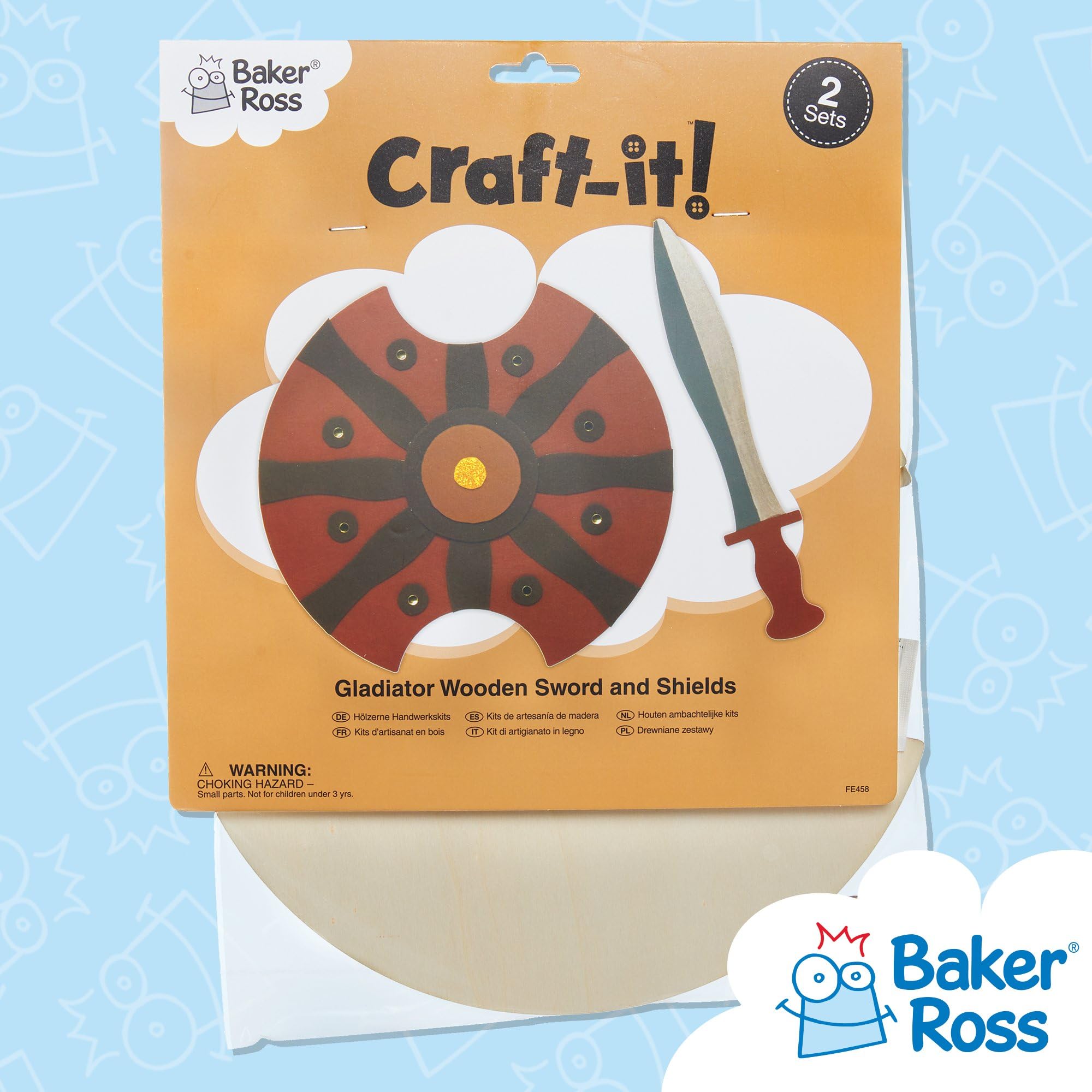 Baker Ross FE458 Gladiator drewniane miecze i tarcze - zestaw 2 sztuk, drewniany miecz i tarcza do dekoracji, pomaluj własne zestawy dla dzieci, wyszukany zestaw dla dzieci