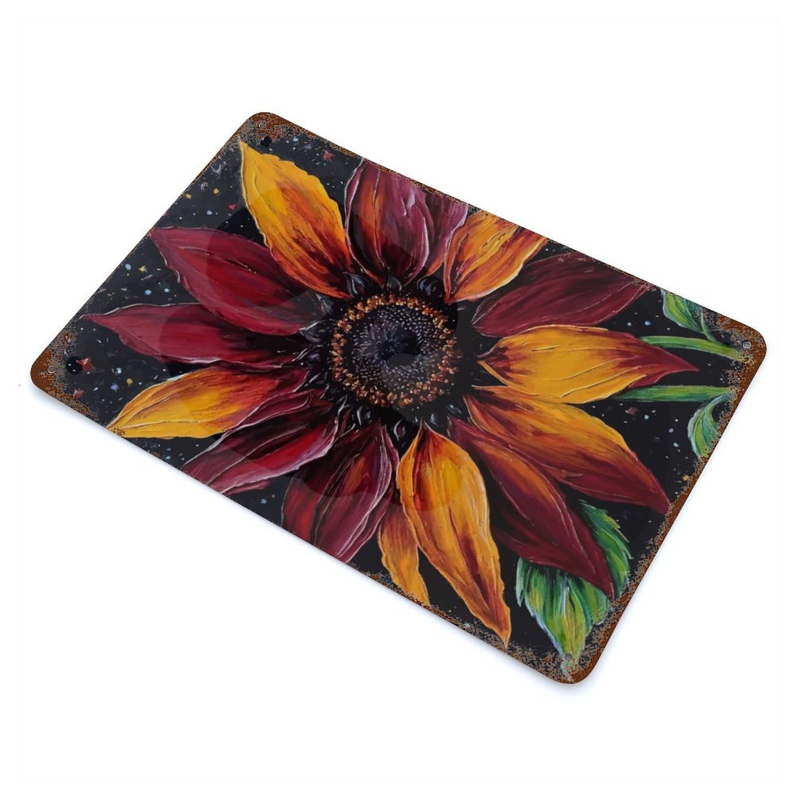 Aged Metal Wall Plaque with Sunflower Painting with Dark Background Design 11.8"x7.9", for Cafe, Home Bar And Lounge Decor, Novelty Wall Decor