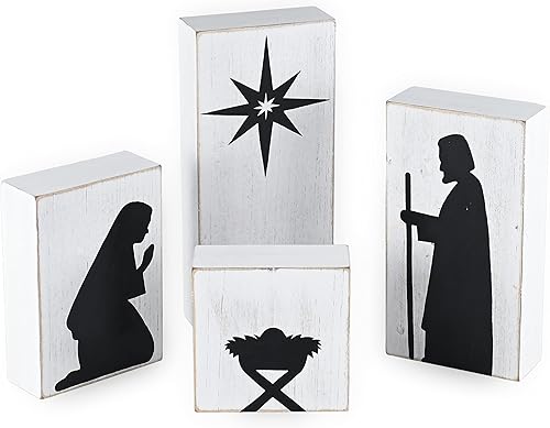 Ornativity Belén de bloque de madera, silueta de Navidad negra, figuras de Navidad sobre bloques de madera pintados de blanco, estante de mesa de