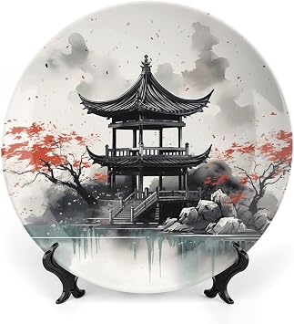 Bone China Decorative Plate with Display Stand Round Ceramic Chinese Ink Painting Plates Porcelain Hanging Plate Home Art Decoration for Cabinet Kitchen Dining Room Table 7inch