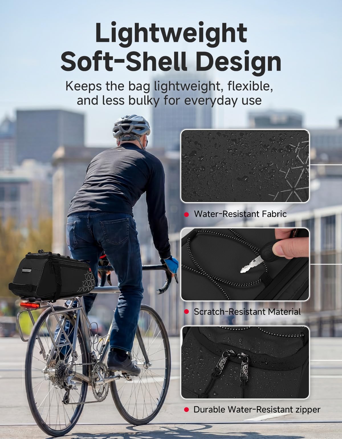 KEMIMOTO Borsa posteriore per portabici – 8L PVC resistente all'acqua Ebike borse per bicicletta | Borsa per bagagliaio da bicicletta, per pendolari, viaggi, shopping e ciclismo, con strisce riflettenti, leggera (nero)