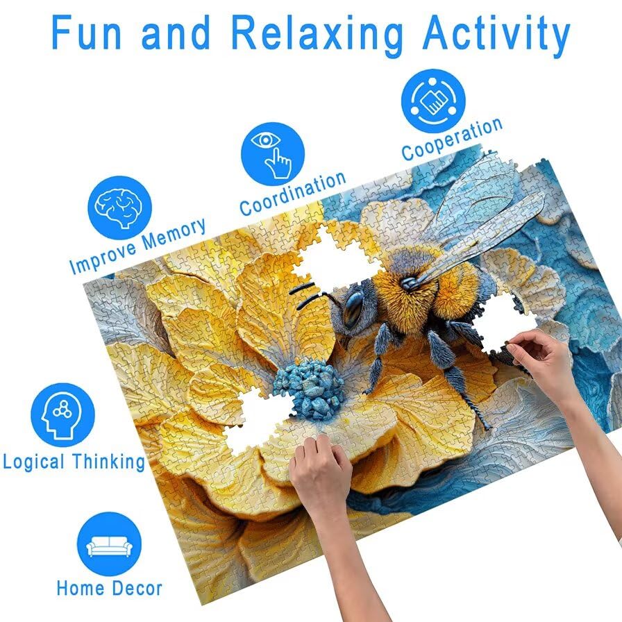 Puzzle 1000 Teile Blume, Biene Puzzle 1000 Teile Erwachsene, Holzpuzzle Erwachsene mit Exquisiter Verpackungsbox, Klassische Puzzles für Die Ganze Familie, Holzpuzzle für Geschenke, Zimmer Deko, -7210