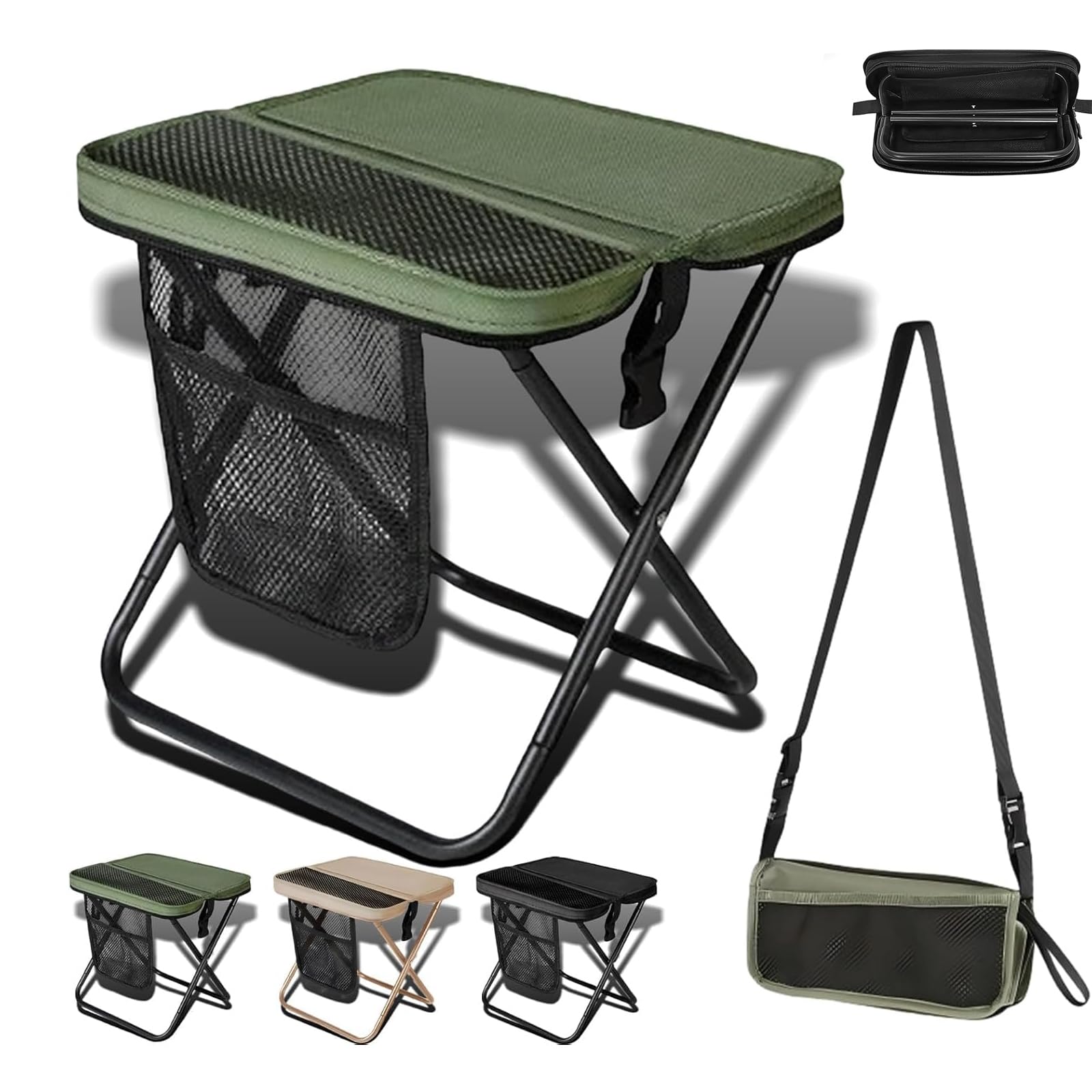 Portable Folding Camp Stool with Side/Storage Pocket, Large Foldable Backpack Stool for Adults, Compact Folding Seat, for Camping/Fishing/Hiking/Travel/Picnic green