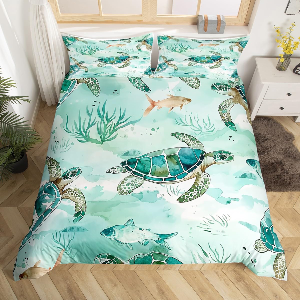 Castle Fairy Sea Turtle Toddler Duvet Cover 2 Pcs,Watercolor Green Plants Tie Dye Decor Bedding Sets for Kids Teens Adults,Wild Sealife Fish Ocean Theme Quilt Cover with 1 Pillowcase,No Comforter