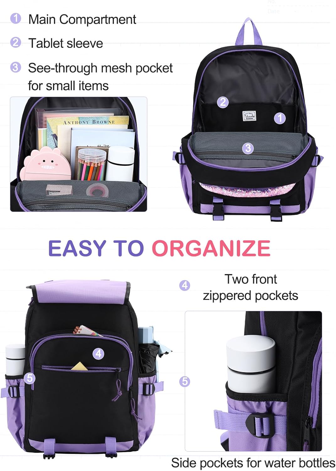 VASCHY Backpack for Girls, Cute Elementary School Bag Bookbag for Primary Schooler Kids with Sparkling Sequin Clear Pocket Black Purple - Image 4