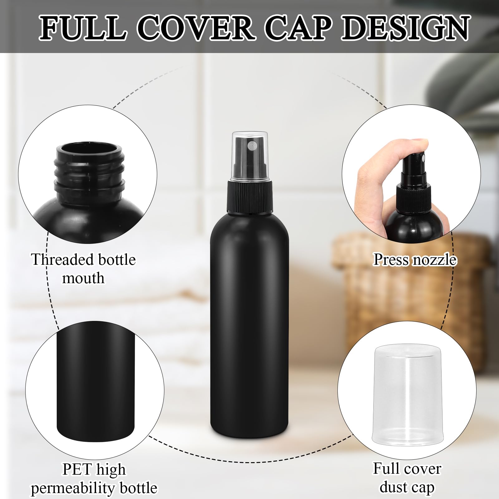 Malloom Confezione da 100 flaconi spray vuoti da 120 ml, contenitori in plastica per oli essenziali e soluzioni detergenti, ricaricabili, dimensioni da viaggio (nero)
