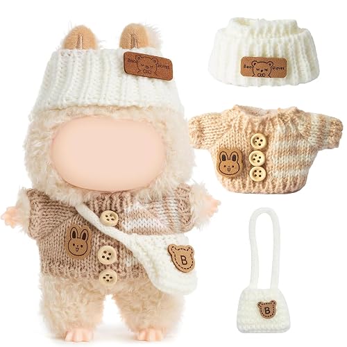 Clothes for LABUBU Doll (NO Doll), Handcrafted Crochet 3-Piece Accessories for LABUBU 17cm Dolls, Premium Outfit - Bunny Sweater + Hat + Bag, Cute Clothes for Dress up Unique Style (Beige)