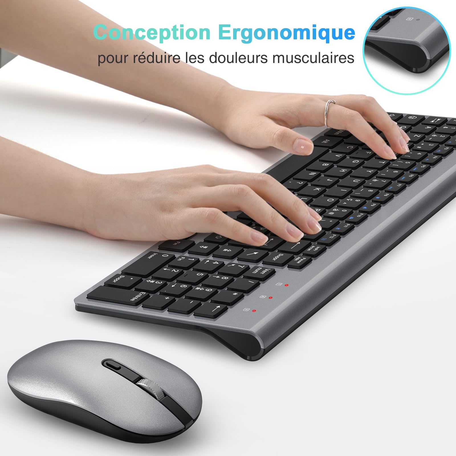 Ensemble Clavier et Souris sans Fil, cimetech Claiver AZERTY Français, Pack Clavier et Souris, Set Silencieux avec Récepteur Nano USB 2.4GHz, Compatible avec Windows/MacOS, Windows PC Laptop - Gris