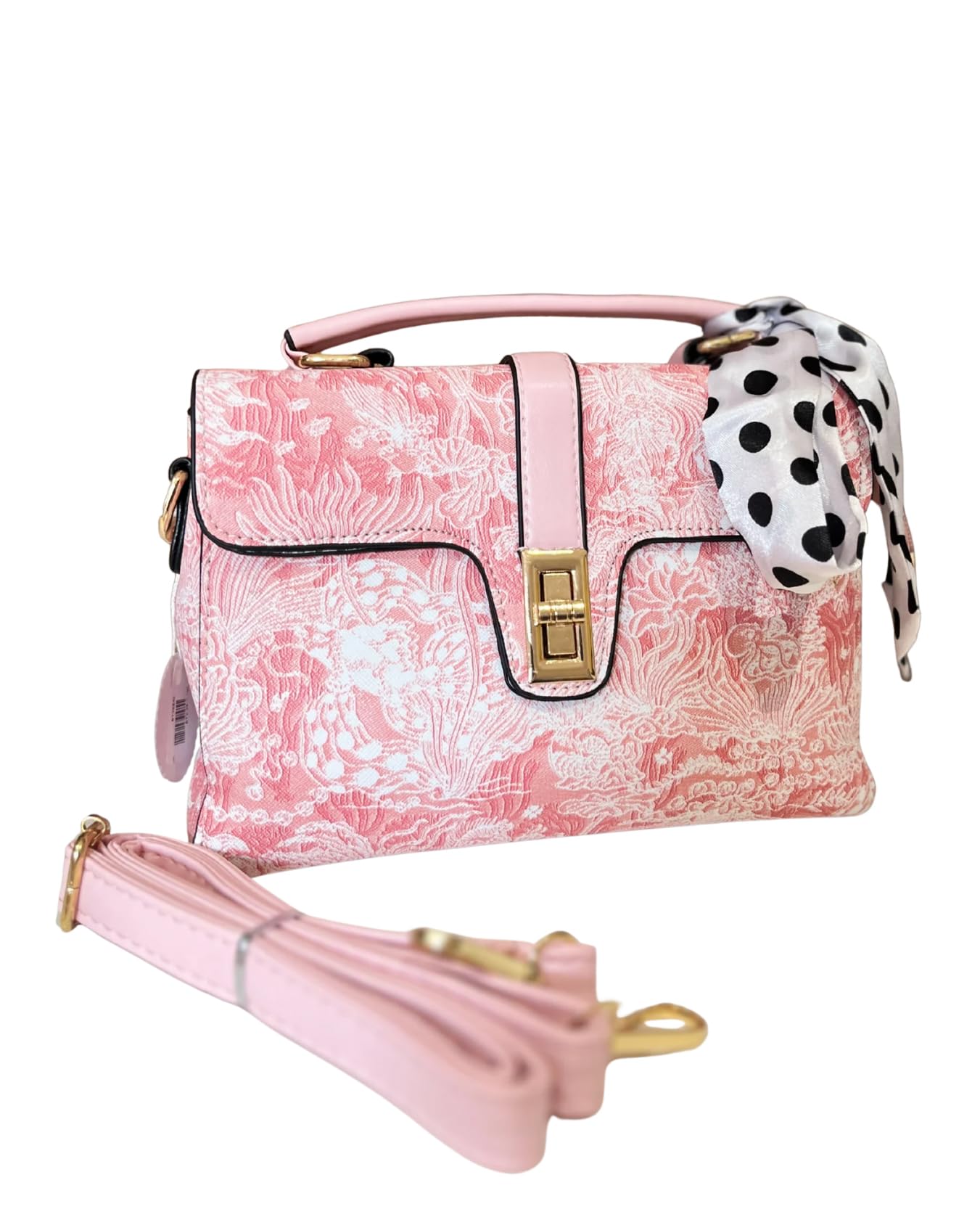 Women's Light Pink PU Leather Handbag with Detachable Sling Strap & Ribbon Scarf, Textured Designer Satchel Purse, Top Handle Shoulder Bag,Office & Party Use-image-19