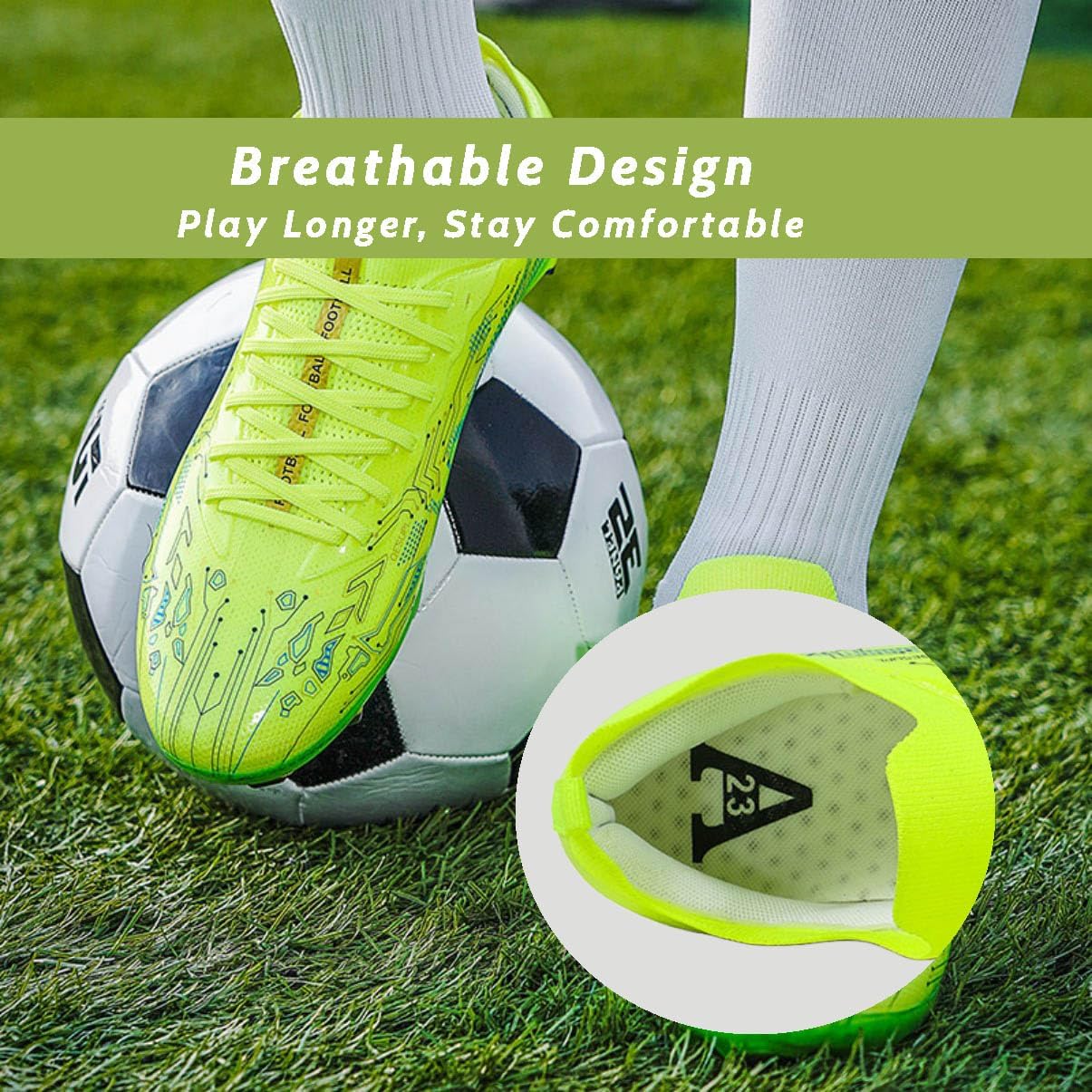 HESBITEUL Soccer Cleats Firm Ground: Unisex FG Football Shoes with Elastic Collar for Training & Matches Yellow