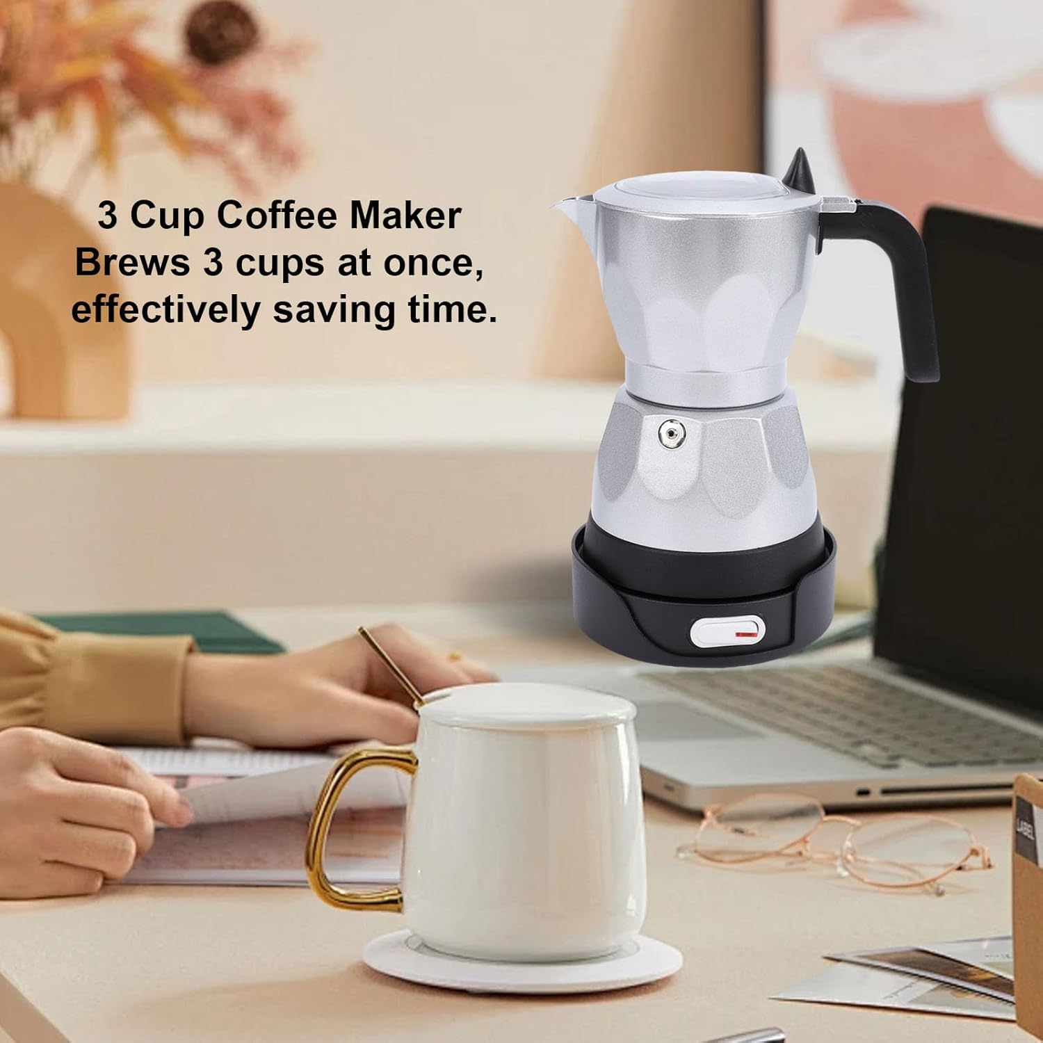 AUNMAS Coffee Pot, 3 Cup Capacity Food Grade Aluminum Electric Expresso Coffee Machines with Heat Proof Plastic Lid for Home Office Travel (Silver)