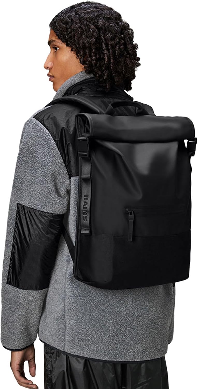 RAINS Trail Rolltop Waterproof Backpack – Black Rolltop Urban Daypack Water Resistant Water Repellent Minimalist Design for Men & Women – 2 Year Warranty