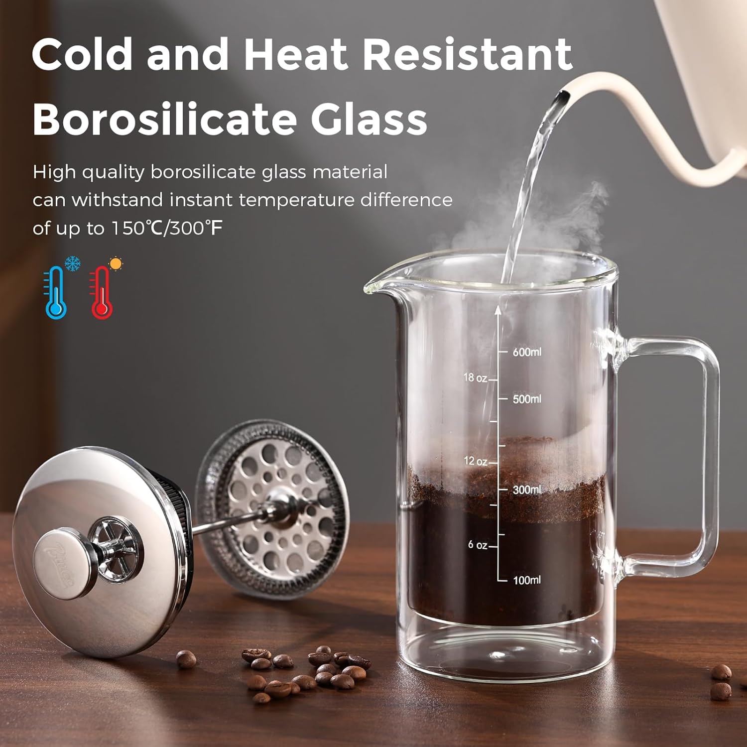 Bincoo French Press Coffee Maker 600ML,Double Wall Insulated Borolicate Glass French Press for Tea and Frothed Milk Press
