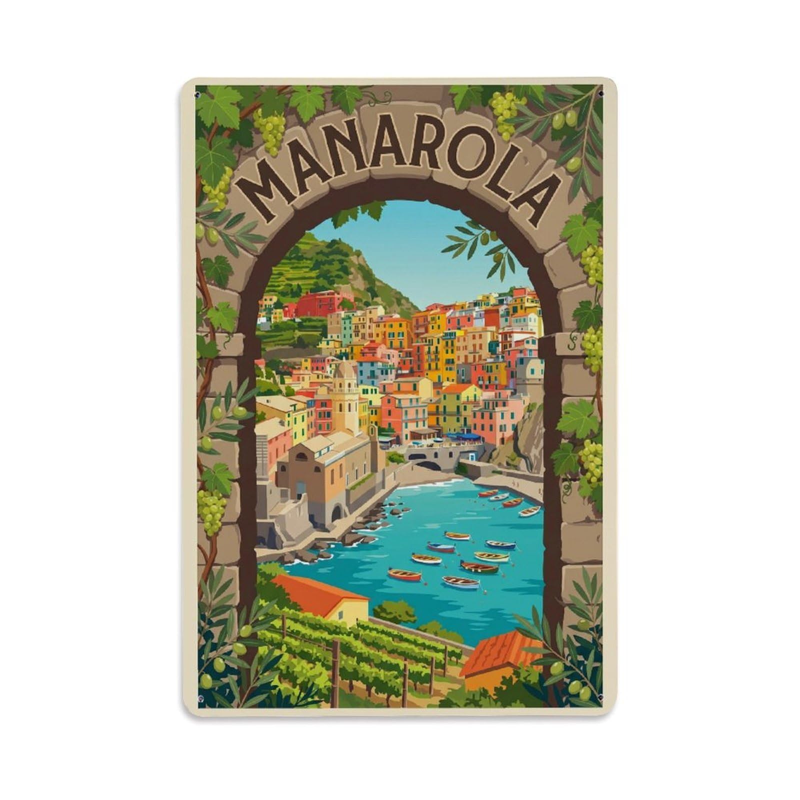Classic Manarola Italian Riviera Coastal Village Metal Tin Sign Plaque Wall Decor for Cafe, Man Cave, Club Bar, Office, Home Garden Round Metal Poster 8x12Inch