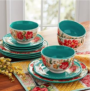 Pioneer Woman Vintage Floral 12 Piece Dinnerware Set, Teal