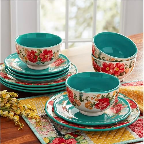 Pioneer Woman Vintage Floral 12 Piece Dinnerware Set, Teal