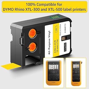 2 Pack Compatible for Dymo 1868772 3/4 x 23 ft (19mm x 7m) Black on Yellow All-Purpose Vinyl Labels Replacement for Rhino XTL-300 XTL-500 Label Makers