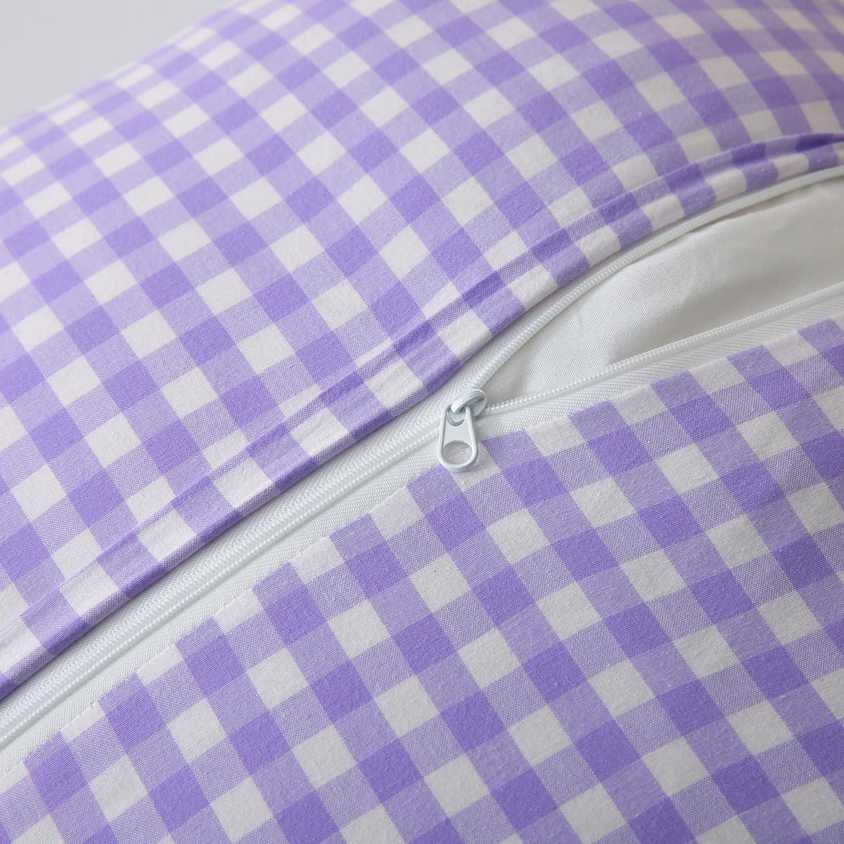 Silnuo 2 Pack Purple/White Plaid Ruffle Throw Pillow Covers,100% Washed Cotton Farmhouse Gingham Decorative Pillow Shams Checkered Pillowcases 24" x 24" for Bed,Sofa，Living Room