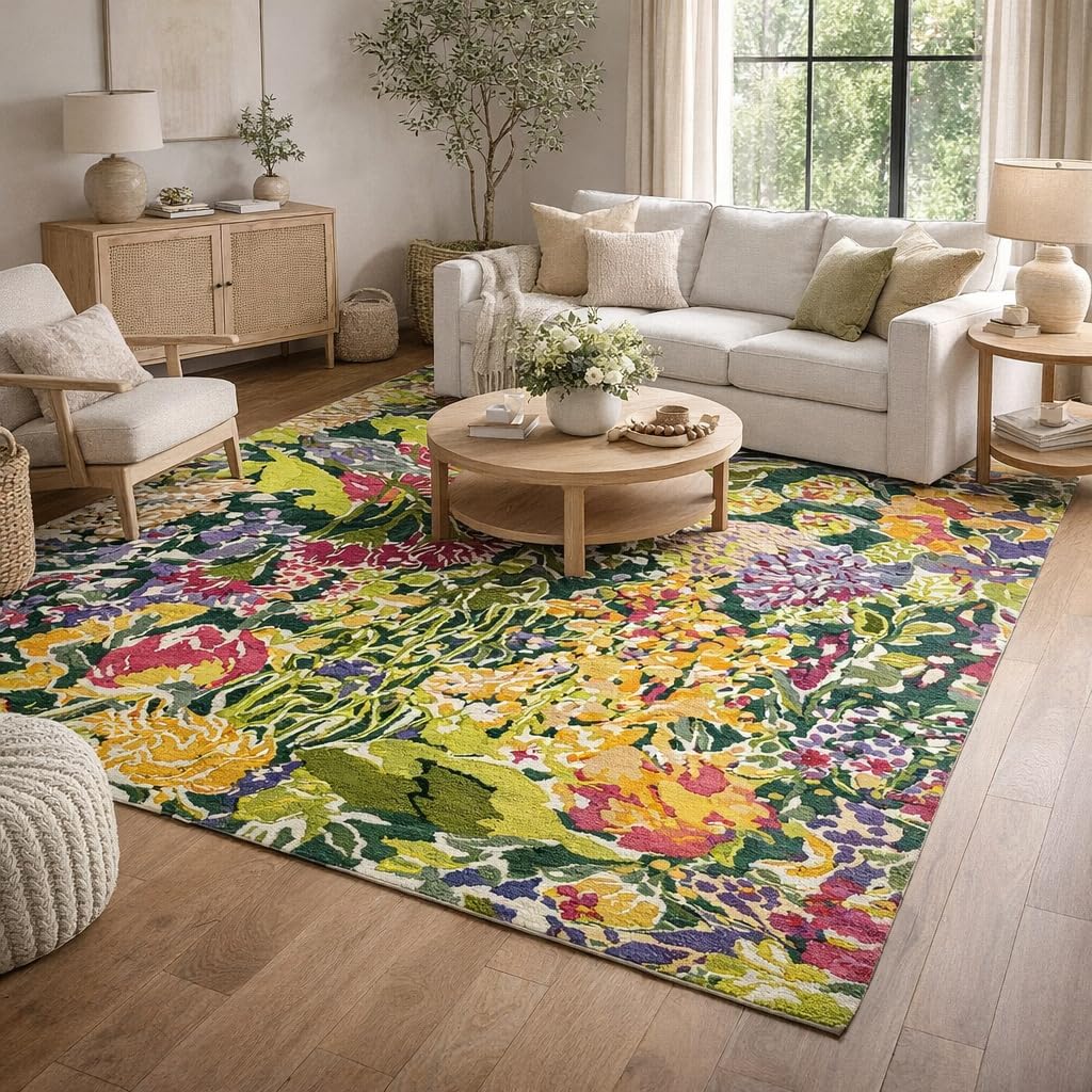 Handmade Hand Tufted Wool Rug, 7x10 Multicolor Botanical Floral Luxury Area Rug for Living Room, Bedroom, Dining Room