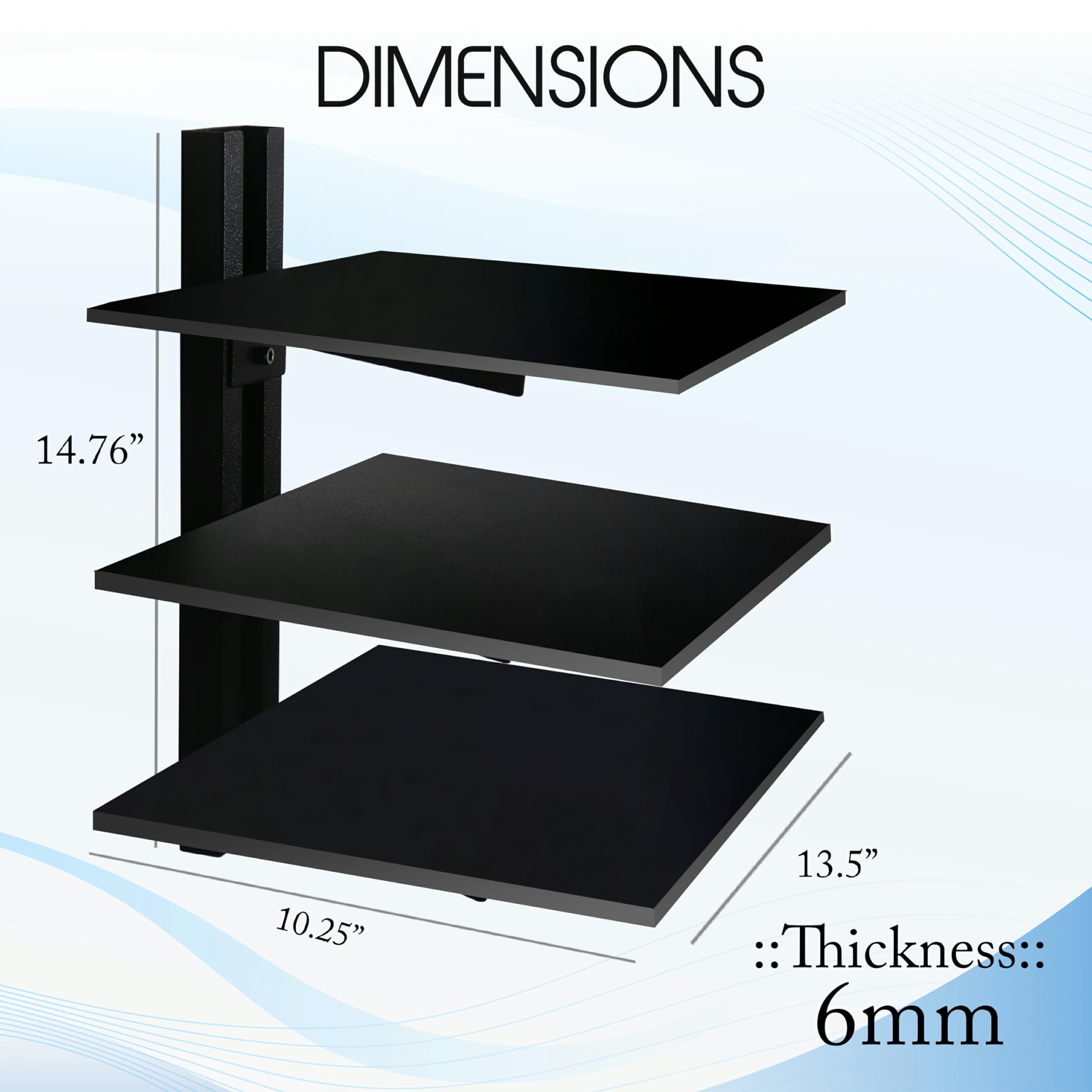 FEBTECH - Mensola sospesa per TV - Mensola per proiettore - Mensola da parete per TV, lettori DVD, console di gioco, decoder via cavo, accessori TV, 3 ripiani, nero