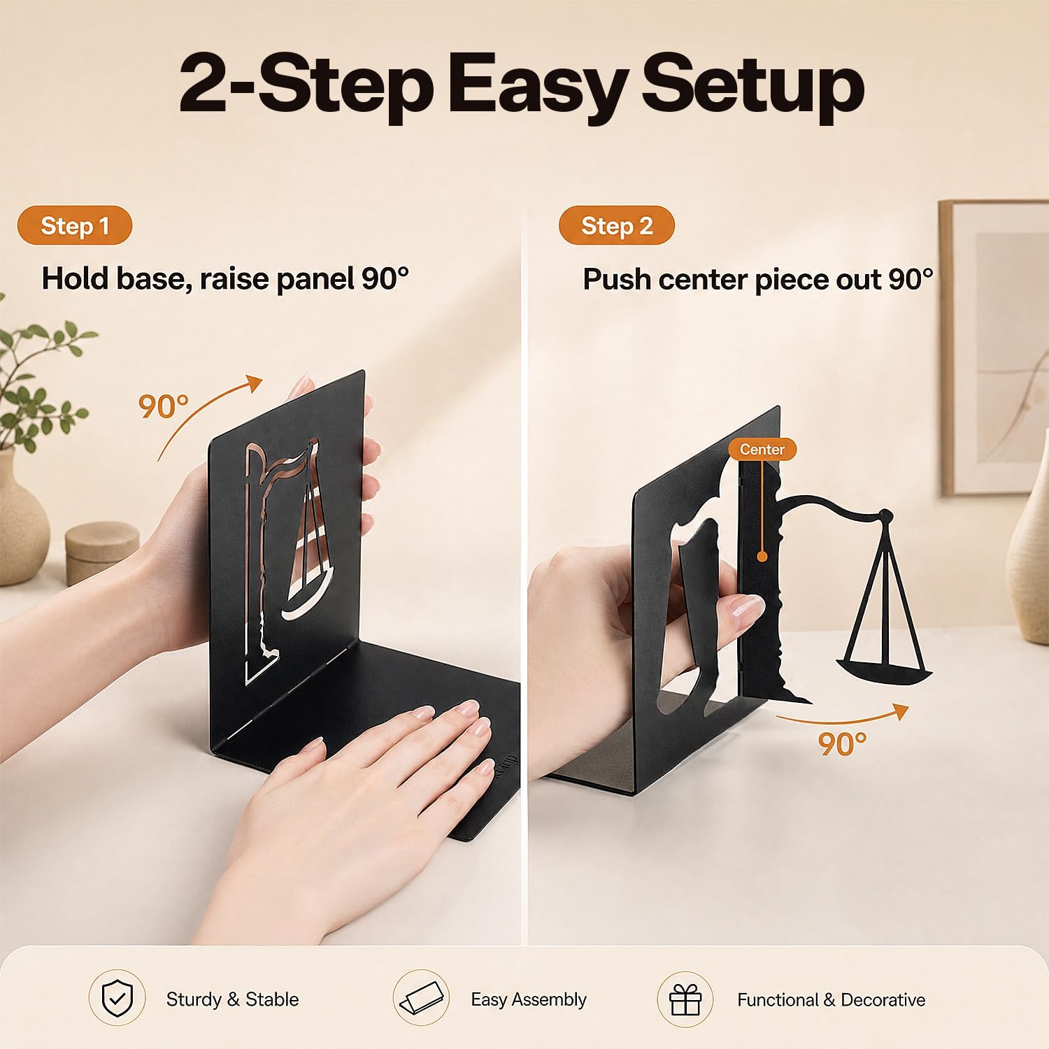 Book Ends for Shelves, Balance-Inspired Decorative Bookends for Heavy Books, Extra Wide Sturdy Metal Book Holder for Shelf with Non-Skid Base, Sculptural Book End for Home Office Desk Set of 2