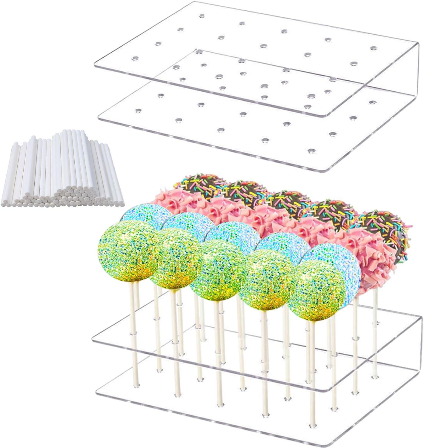 2 Pieces Cake Pop Stand, with 200 Cake Pop Sticks - Cake Pop Stand 20 Holes Lollipop Holder Lollipop Stand for Wedding Birthday Dessert Table Party Decoration Acrylic Cake Pop Holder Cake Pop Sticks