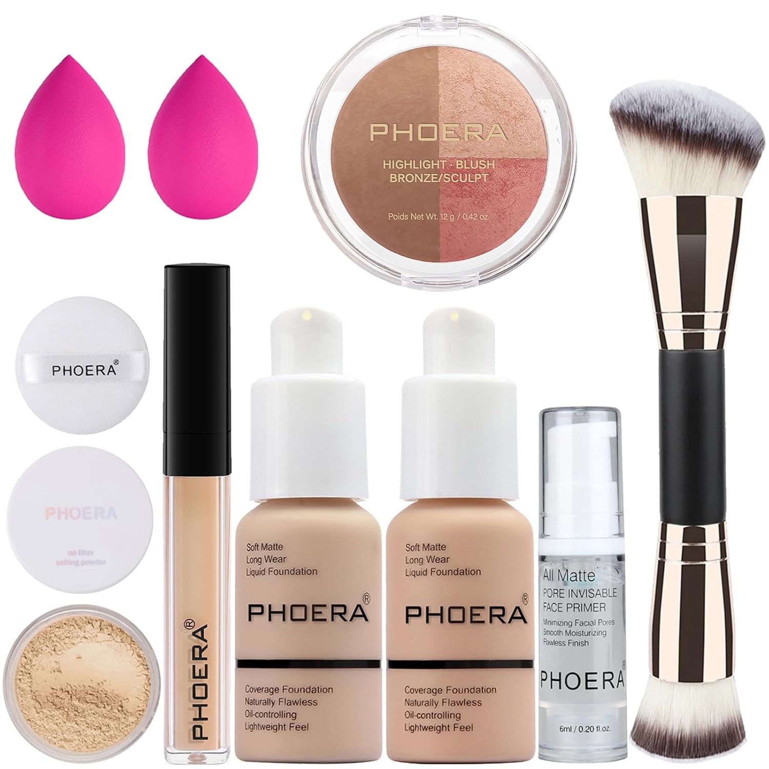PHOERA Foundation, PHOERA Contour Palette,Shades with Highlighter & Bronzer & Blush,Up to 24 Hour Fresh Wear,PHOERA Concealer Primer Powder (102+ #002 Contour/Nude+#002)