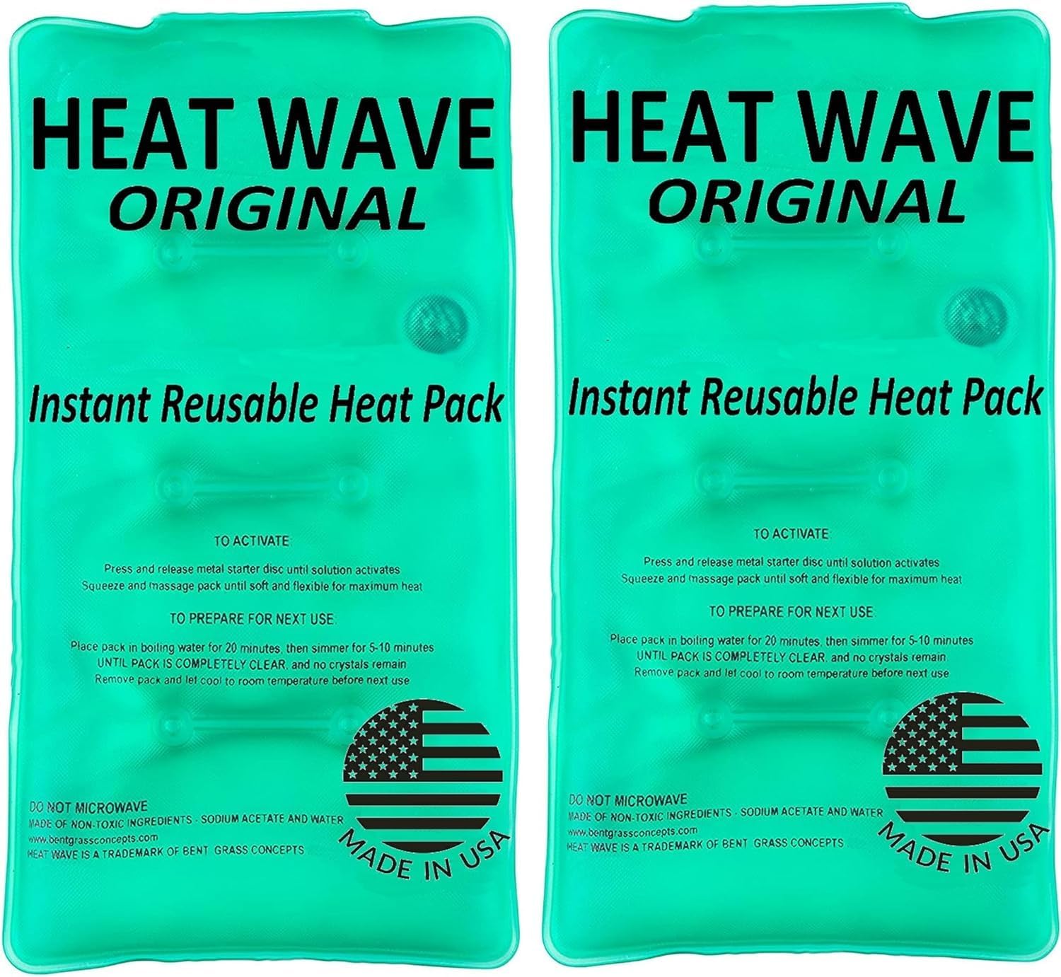 HEAT WAVE Instant Heat Packs Medium (5ร9โ)- Medical Grade Reusable Green 2-Pack Fast and HOT - Made in USA for Muscle Aches, Back, Arm, Shoulder, Pain Relief, Warmth on the Go; Heating Pad Click Heat