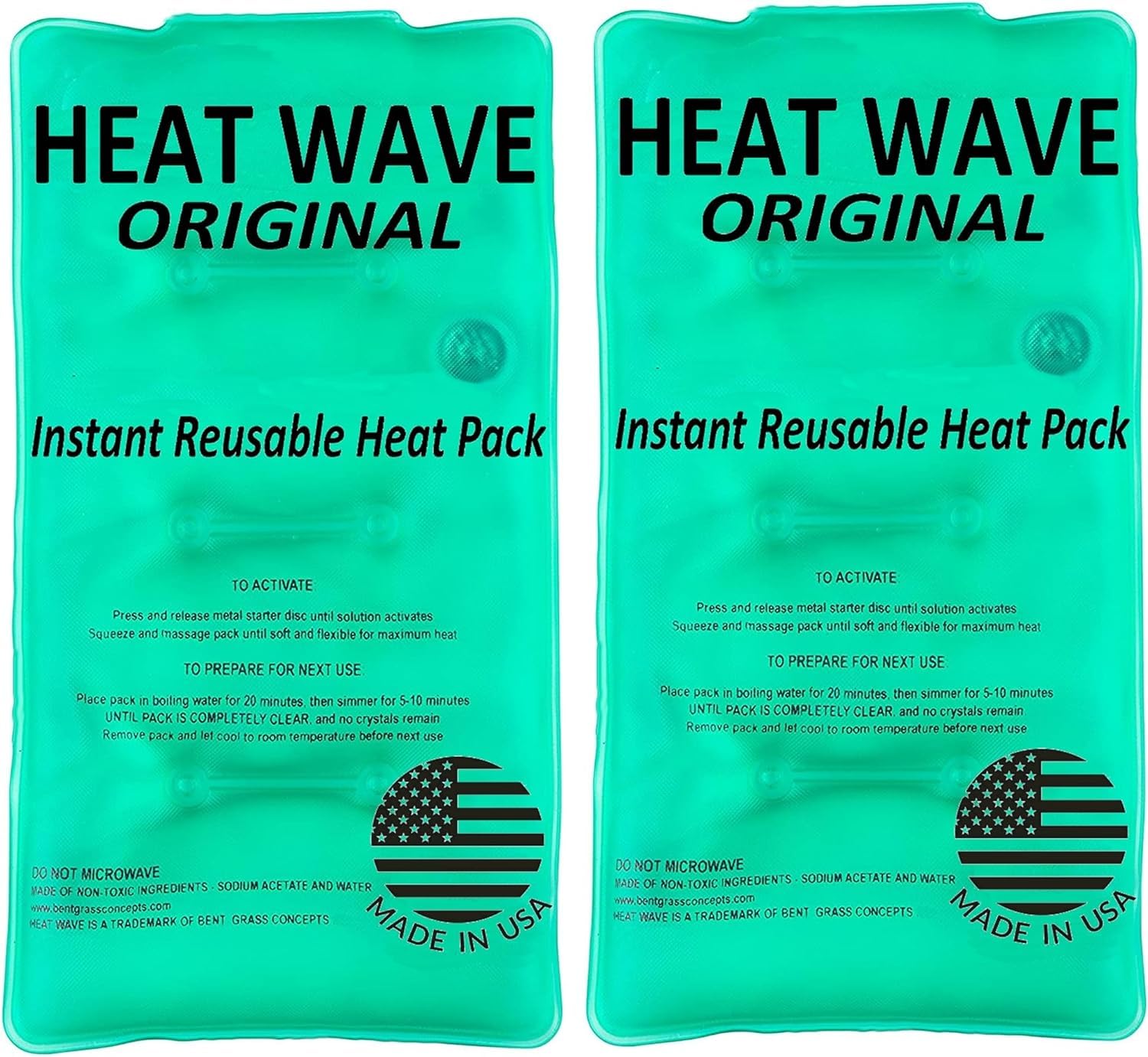 Instant Heat Packs Medium (5×9”)- Medical Grade Reusable Green 2-Pack Fast and HOT - Made in USA for Muscle Aches, Back, Arm, Shoulder, Pain Relief, Warmth on The Go; Heating Pad Click Heat