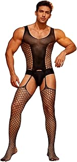 ohmydear Fishnet Mankini for Men One-Piece Sissy Lingerie with Suspender Stockings Sexy Underwear for Bedroom Stag Do Outf...