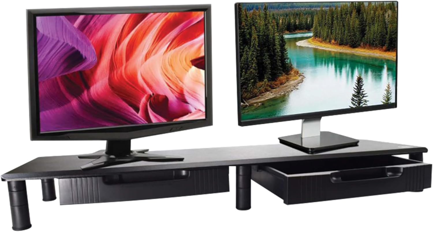 TRIPP LITE Dual-Monitor Riser Stand with Storage Drawers, Black Wood & Steel Desk Organizer for 2 Screens, Adjustable Height | Computer, Laptop, PC, & TV Shelf Stand | 5-Year Warranty (MR4011DTAA)