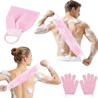 Exfoliating Body Glove, 2 Pieces Exfoliating Gloves and 1 x Exfoliating Towels, Body Scrub Glove, for Exfoliation/Shower/Spa/Massage (B-Pink)