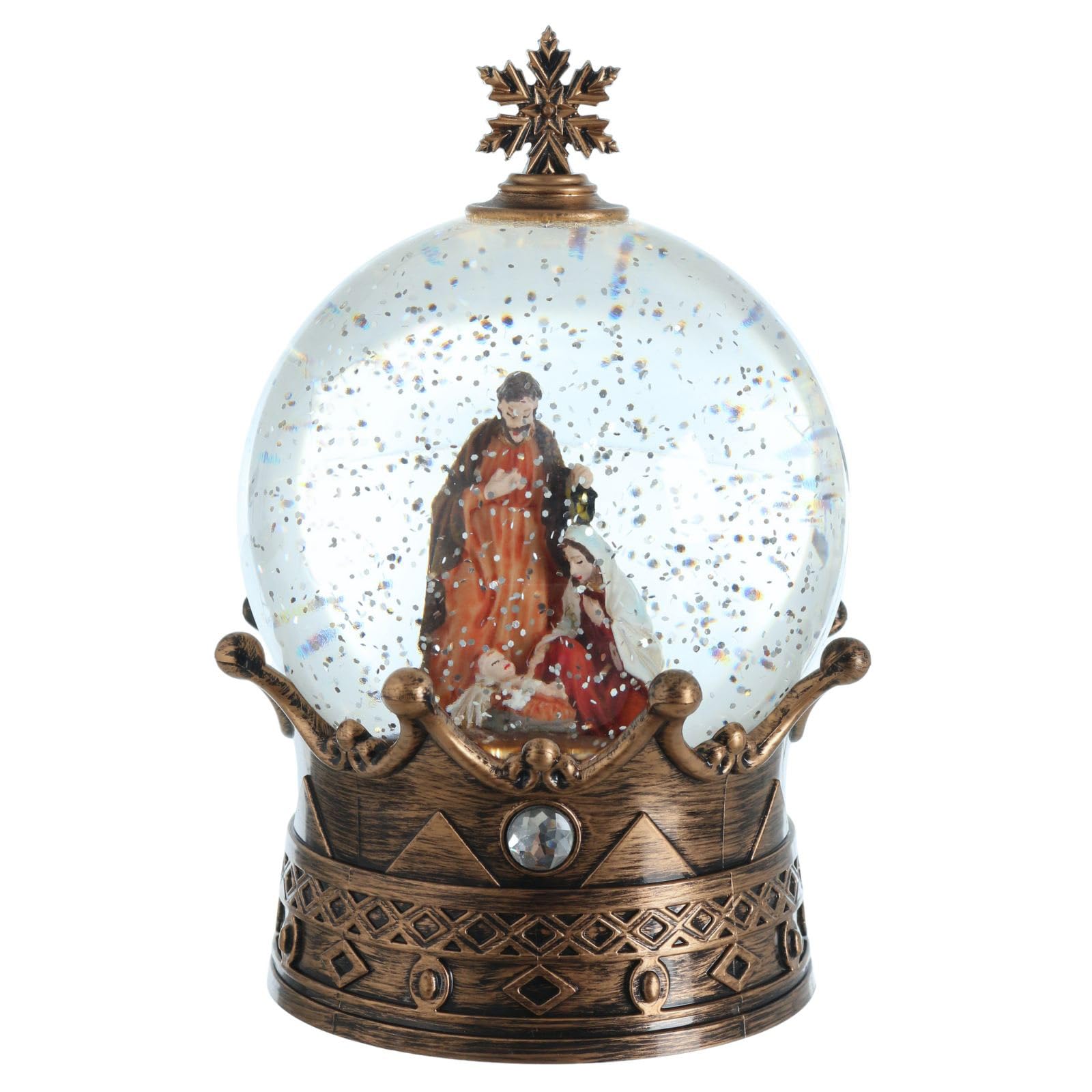 Mr Crimbo Nativity Glitter Water Spinner – 21cm Crown-Shaped Christmas Decoration with Mary, Joseph & Baby Jesus Scene, 3 Warm White LEDs, Swirling Gold Glitter, Battery or Mains Operated