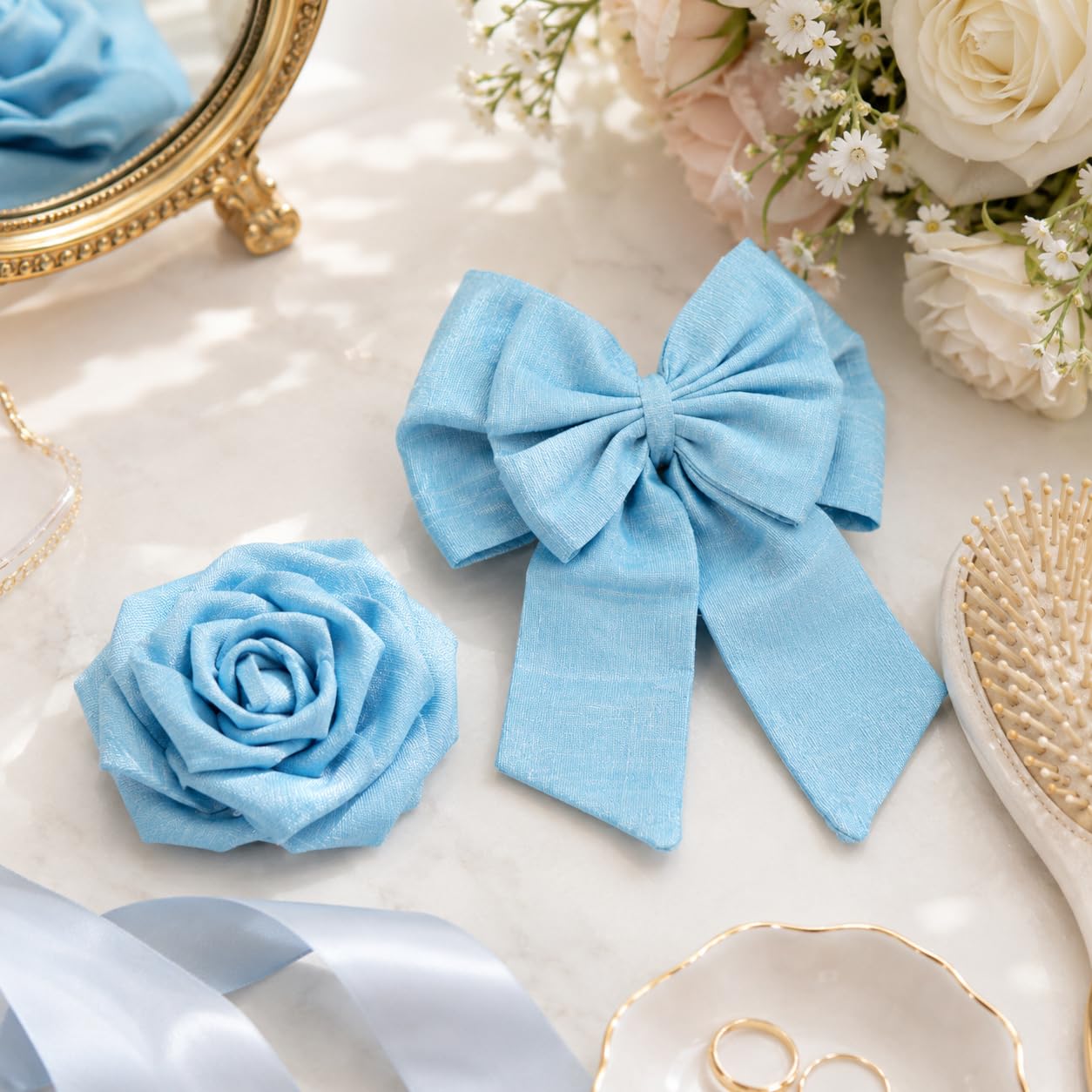 ORIENTAè Set Accessori Capelli Donna, Rosa e Fiocco con Fermaglio | Seta Thailandese, Mollette Eleganti Azzurro e Turchese, Accessori Capelli Cerimonia, Regalo Donna