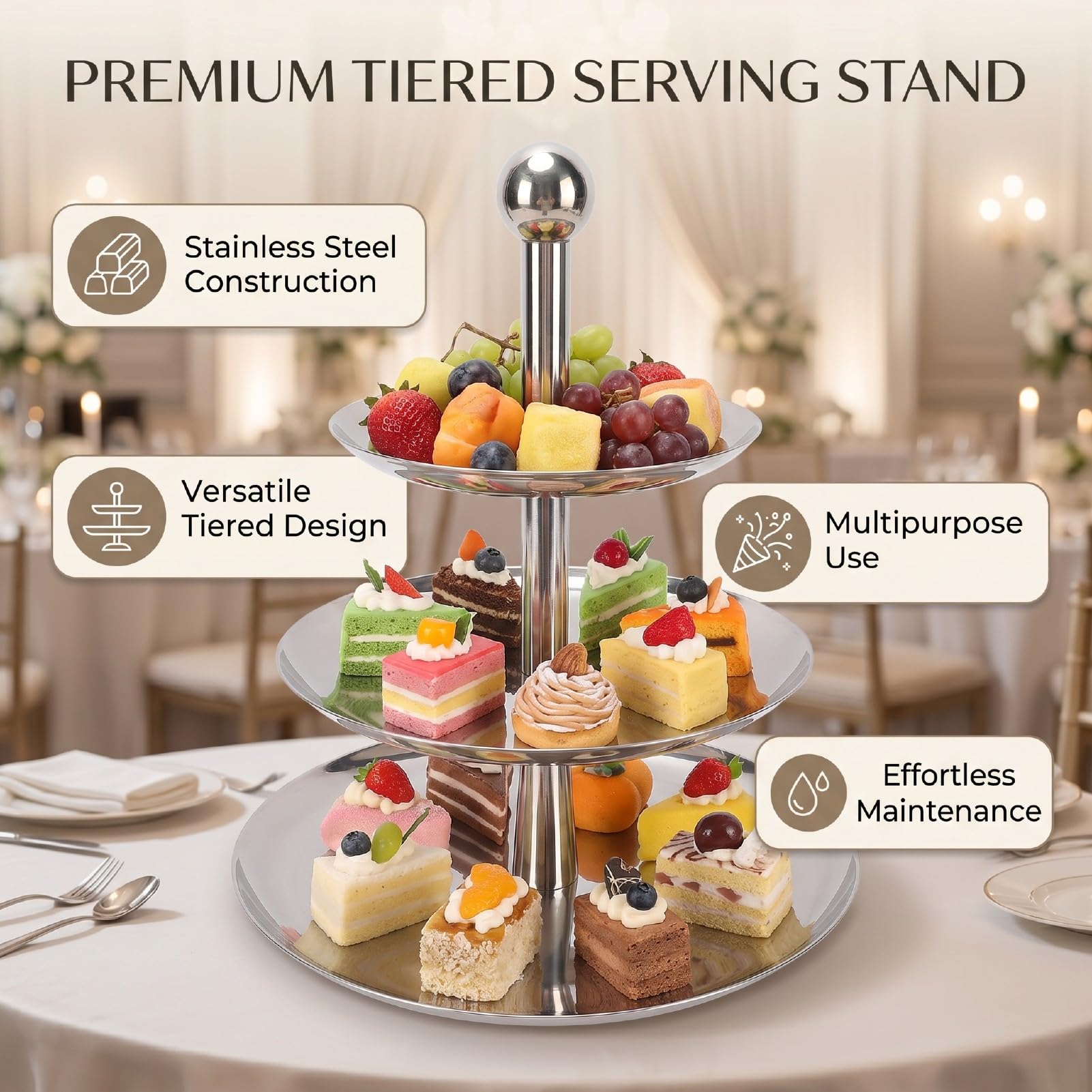 XUMIUZIY Torre de Celebración de Magdalenas de Postre |Bandeja de Servicio Escalonada de Acero Inoxidable para Fiesta, Boda, Banquete, Hotel, Buffet (3 Capas)