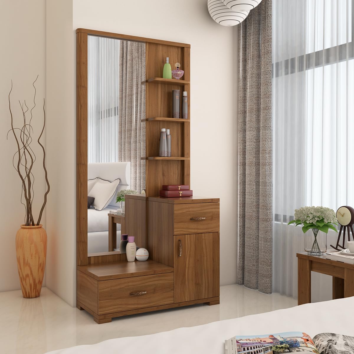 Spacewood Dressing Table | Legend | 3 Year Warranty | 3 Shelves & 2 Drawer, 1 Shutter Storage, Vanity Table for Bedroom, Living Room, and Home| Engineered Wood | Natural Teak-picture-20