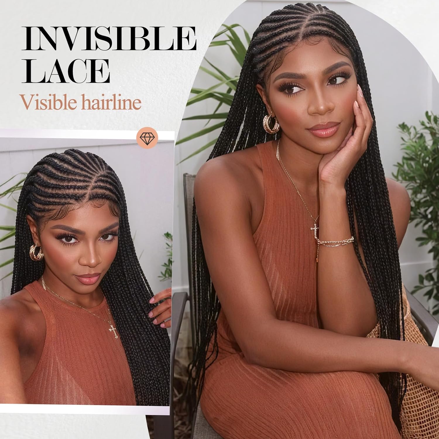 Braided Wigs for Black Women Full Lace Knotless Braided Wig 34 Inch Braid Side Part Cornrow Pre Plucked HD Lace Wig with Baby Hair Premium Synthetic Hair Natural Black