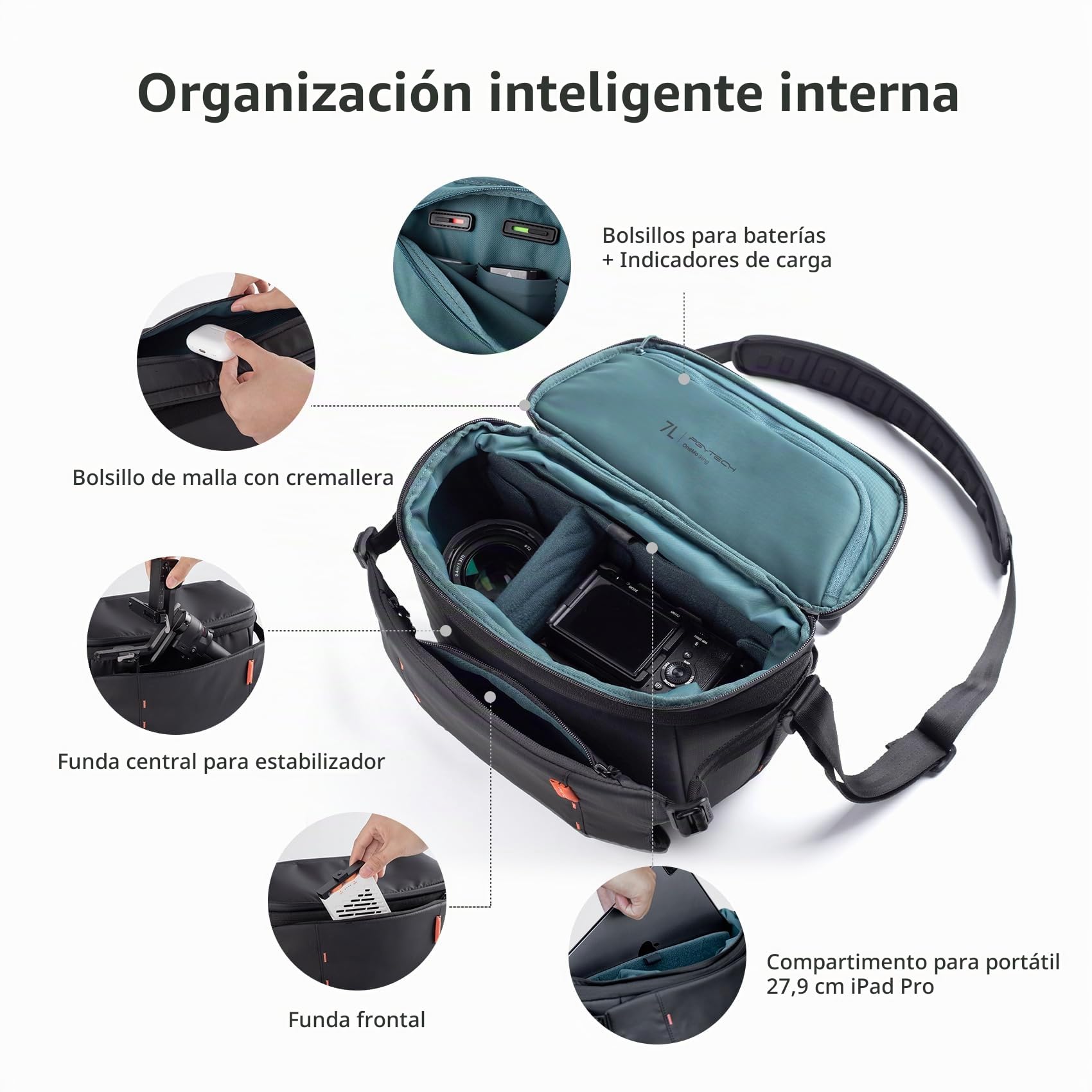 PGYTECH OneMo Bandolera Fotográfica Expandible 7L, Negra | Ampliable hasta 9L, Compatible con iPad Pro 11", Correa Ancha Acolchada, Correas para Trípode, Para DSLR, Mirrorless/Drones