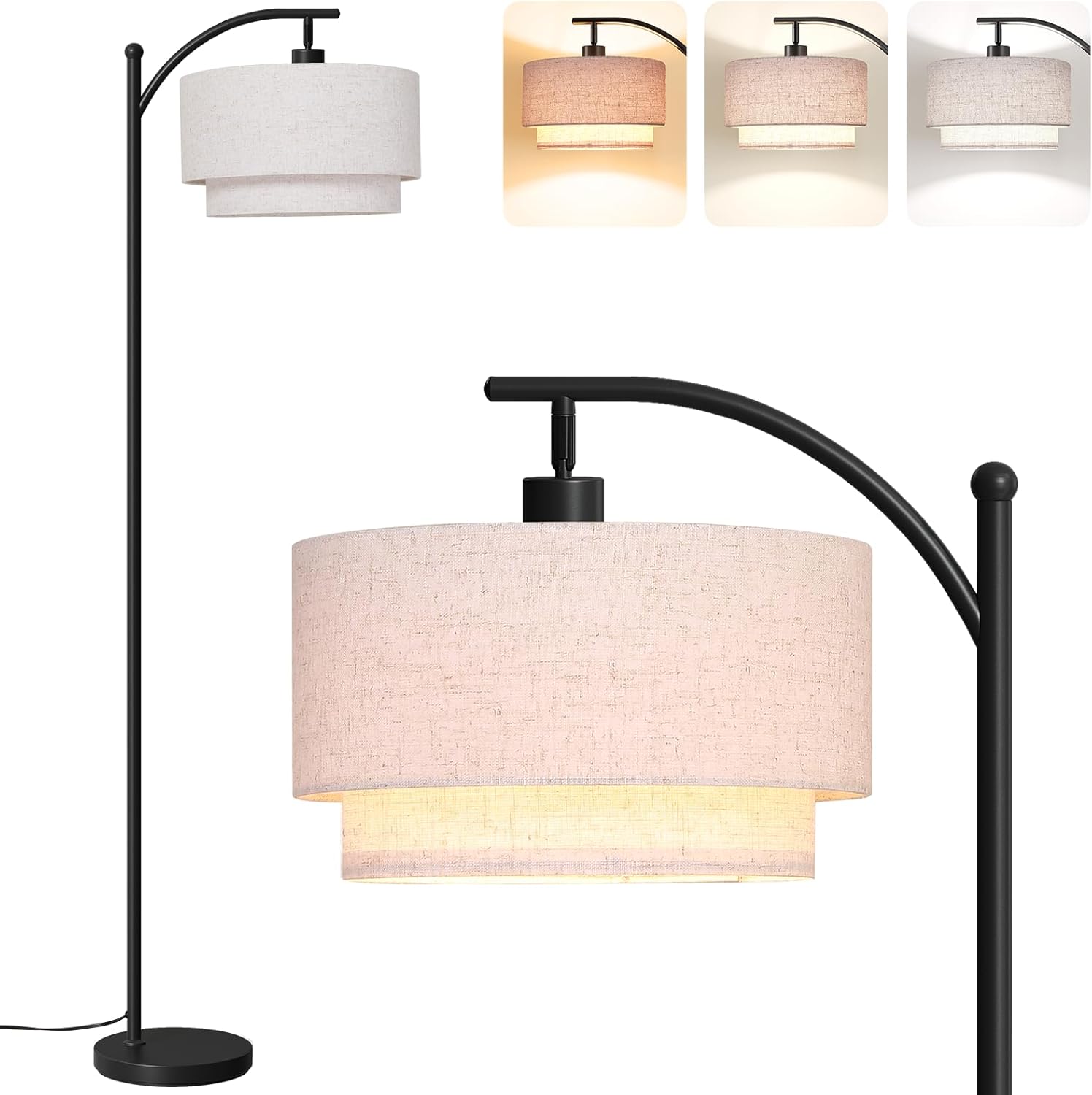 SUNMORY Floor Lamps for Living Room, Arc Floor Lamp with 12W 3 Color Temperatures LED Bulb, Modern Floor Lamps with Adjustable Double Fabric Shades, Tall Standing Lamp for Bedroom, Corner