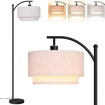 SUNMORY Floor Lamps for Living Room, Arc Floor Lamp with 12W 3 Color Temperatures LED Bulb, Modern Floor Lamps with Adjustable Double Fabric Shades, Tall Standing Lamp for Bedroom, Corner