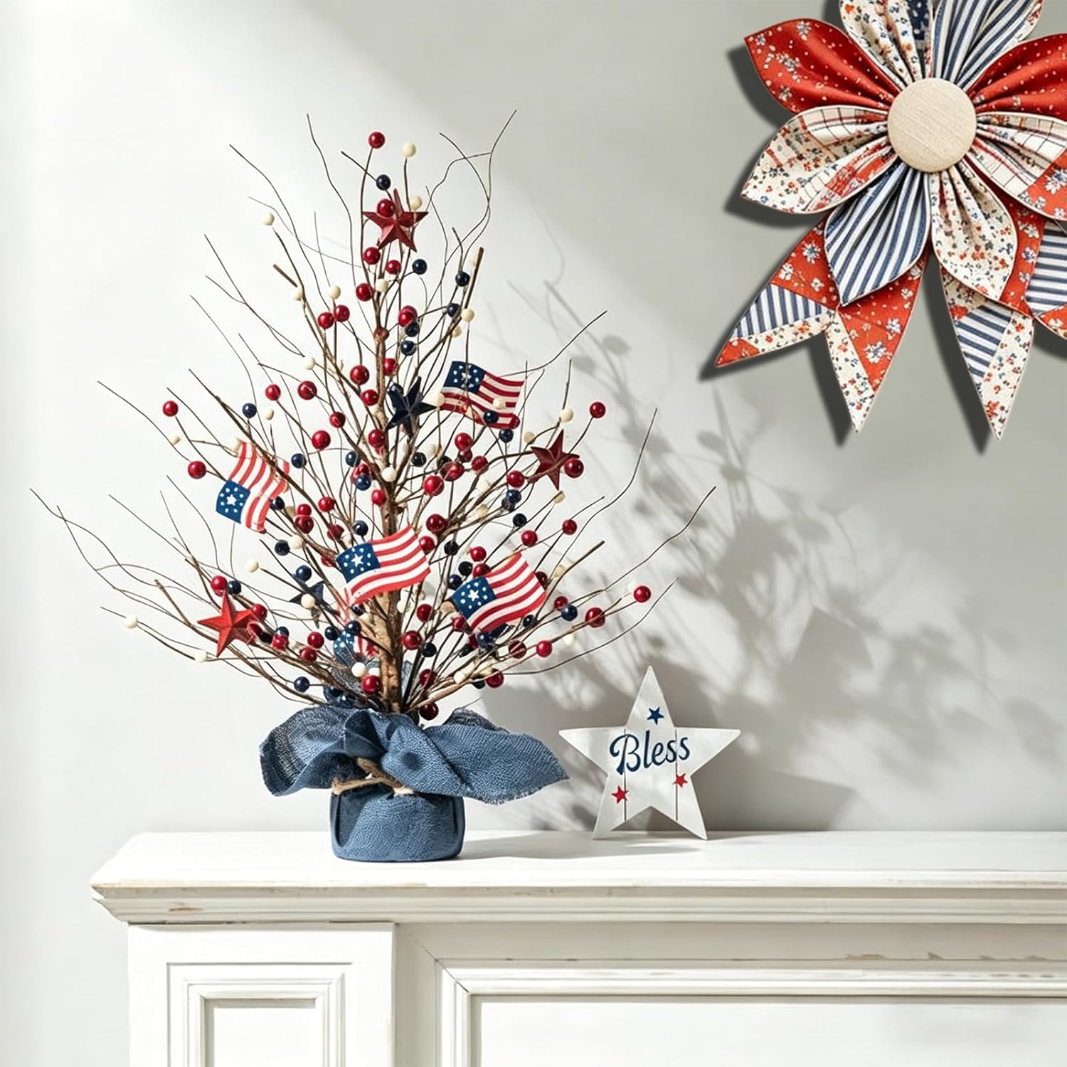 The Heritage Bloom Wreath & Bow: Multi-Piece Sewing Template Set, Vintage Floral Wreath Bows for 4th of July Decorations Outdoor, for Front Door Wall Decor Indoor Outdoor (C,18in)
