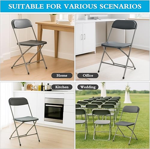 Miniatura 7 de Paquete de 6 sillas plegables de plástico gris para interiores y exteriores, portátil, apilable, con marco de acero, silla plegable resistente para