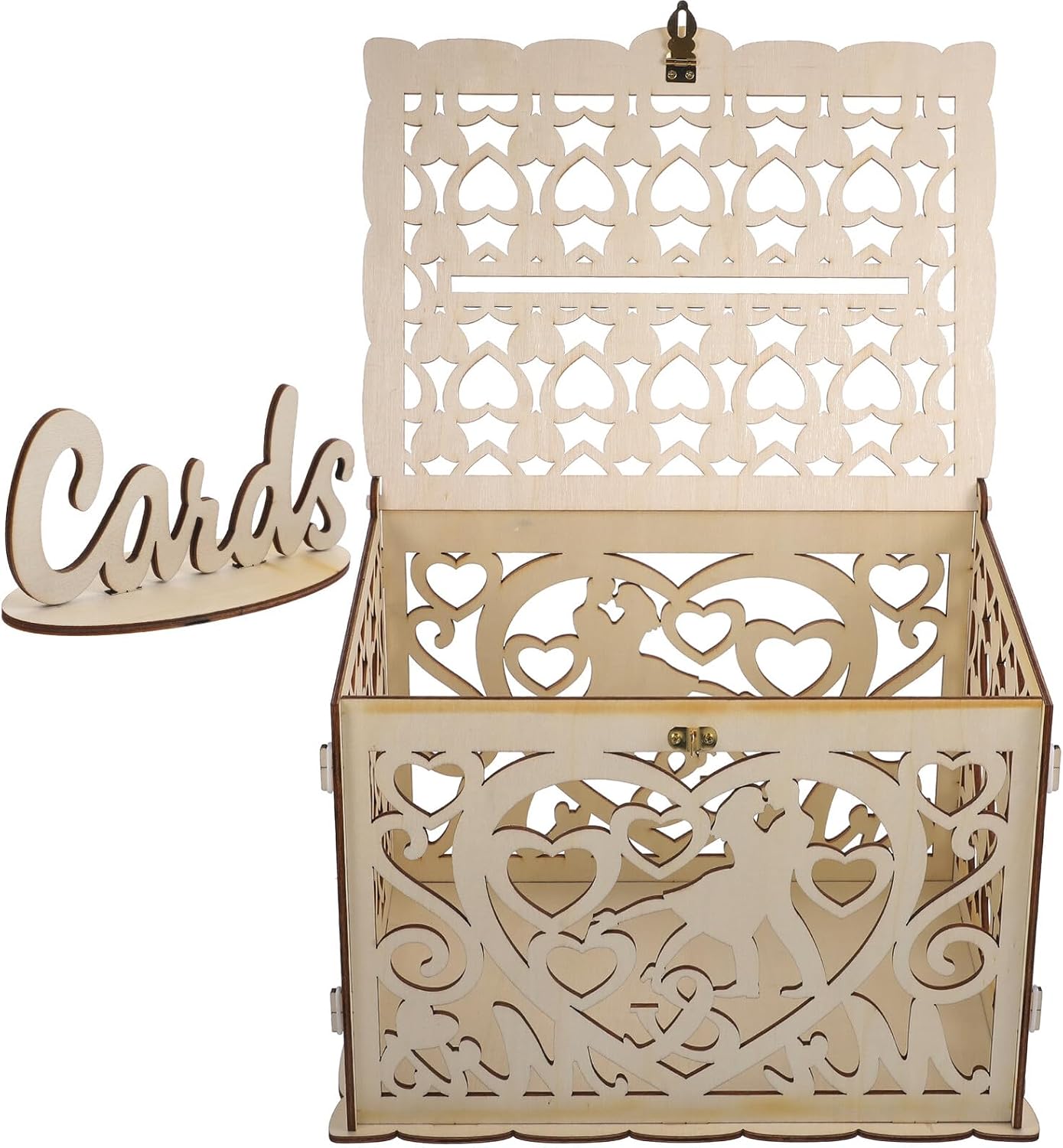 Wedding Card Box Decorative Small Wooden Keepsake Box Hollow Heart Carved Design for Wedding Party and Reception Card Holder