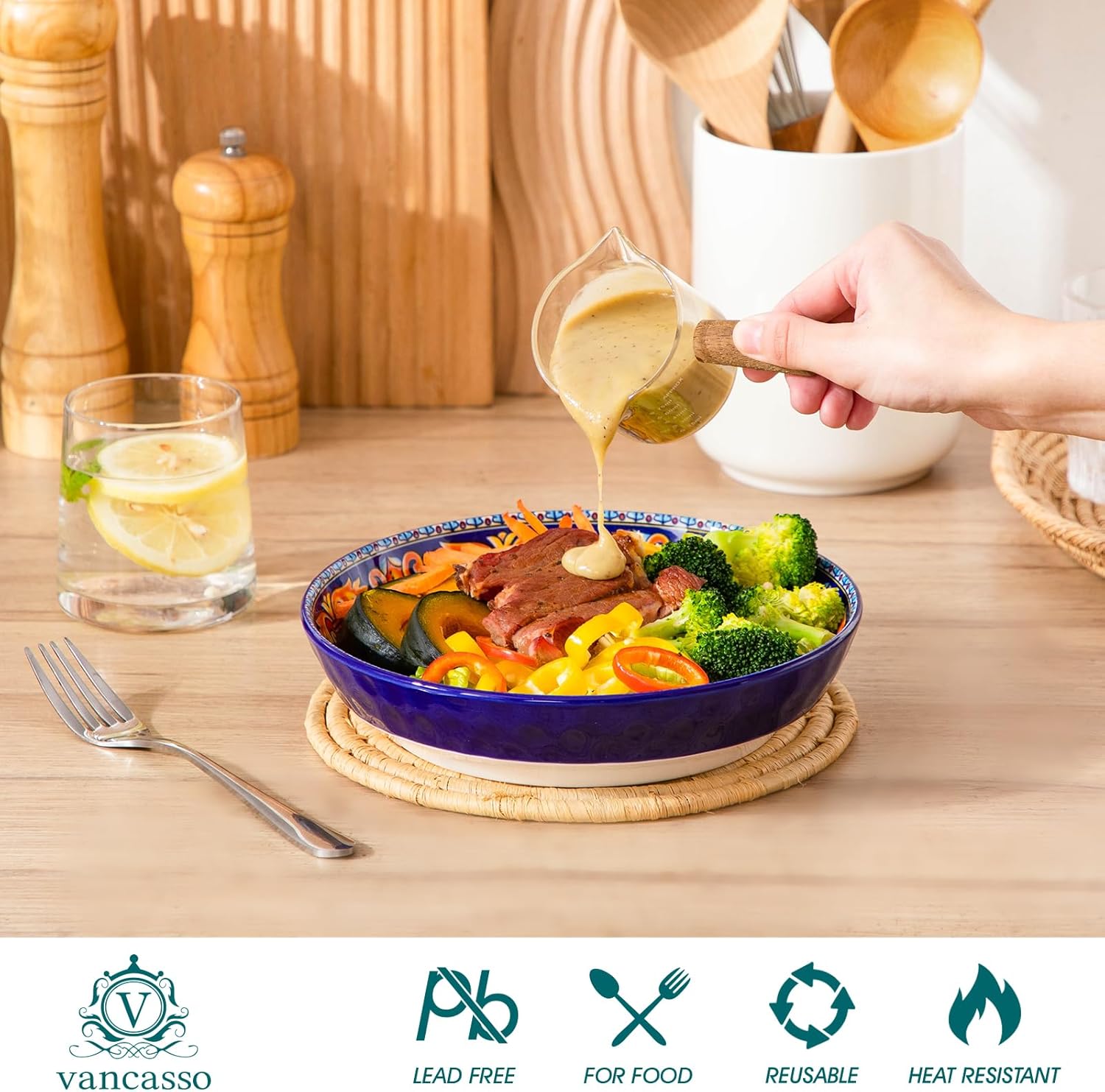 vancasso 32 Oz Pasta Bowls, Porcelain Large Colorful Salad Soup Bowls Set of 6, Dishwasher & Microwave Safe, Pasta Serving Bowls Plates for Kitchen, Dishwasher & Microwave Safe, Series KRVI