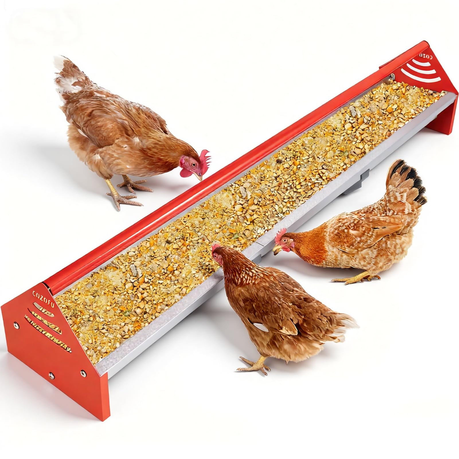 COZOFU 47" Chicken Trough Feeder - Galvanized Steel Feed Trough with Drainage Holes & Red Crossbar​​ for Chicken, Duck, Turkey | Heavy Duty,