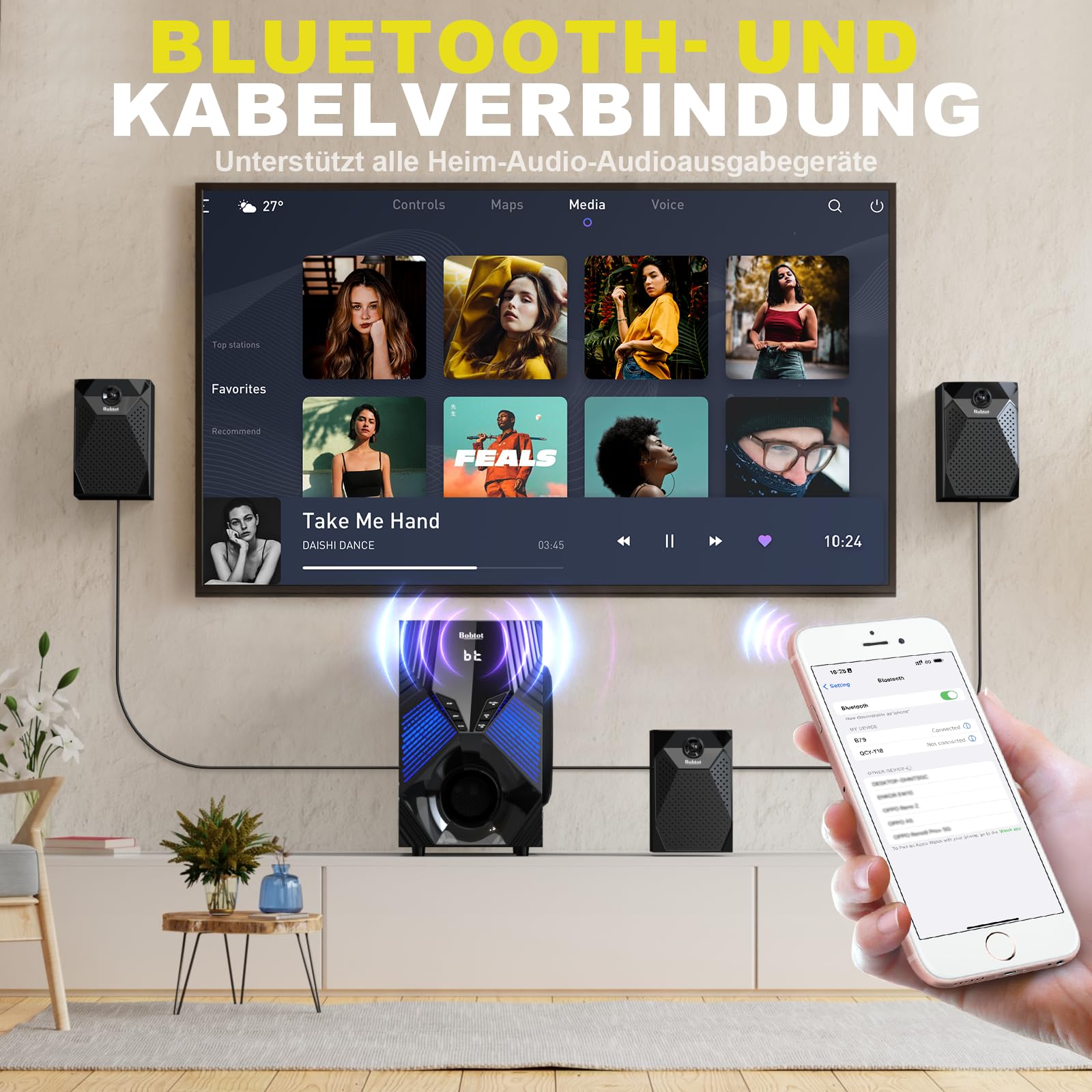 1000-W-Surround-System, 8-Zoll-Subwoofer, 5.1 soundsystem Heimkino, tiefen Bässen, ARC-Unterstützung, optischem Bluetooth-Eingang und Karaoke-Funktion US-zu-EU-Steckeradapter im Lieferumfang enthalten