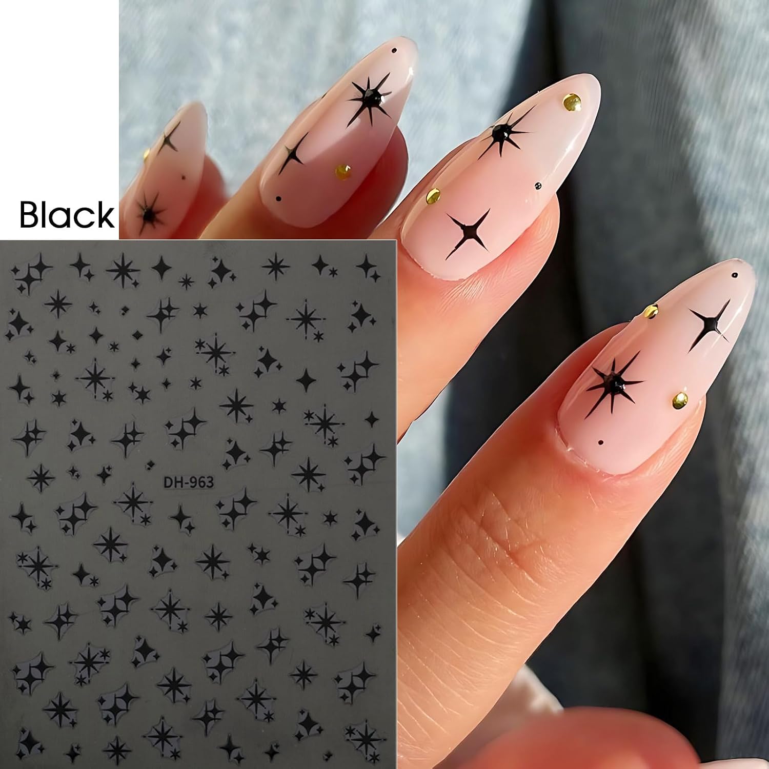6 Sheets Metallic Star Nail Art Stickers,Golden Silvery Black White Y2K Nail Holographic Mirror Shining Four Pointed Star French Tip Nails Charms Decorations Nail Supplies