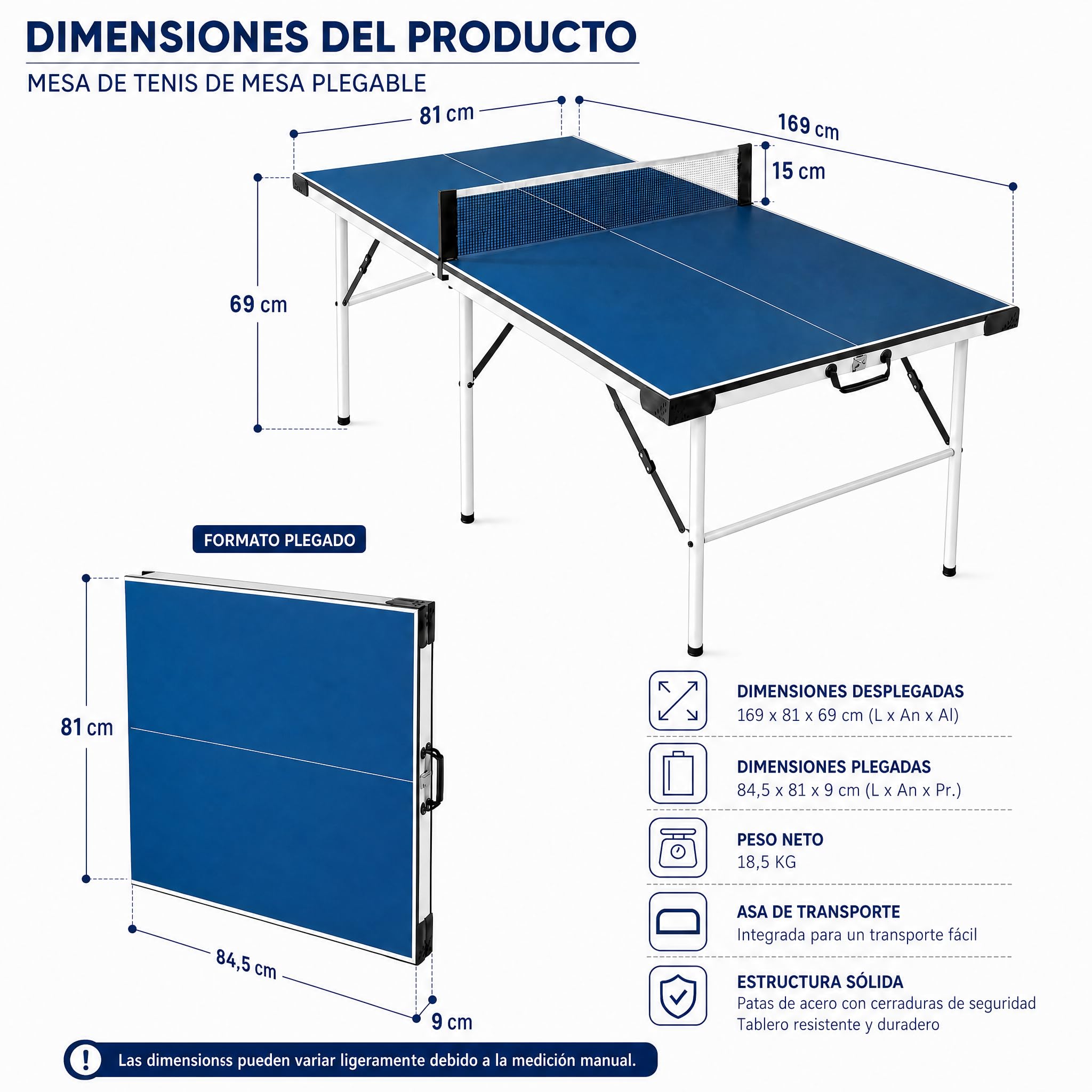 hotsizz Mesa de Ping Pong Diseño Plegable, fácil de Transportar, 169×81×69 cm,Mesa Ping Pong Apta para Uso en Interiores y Exteriores